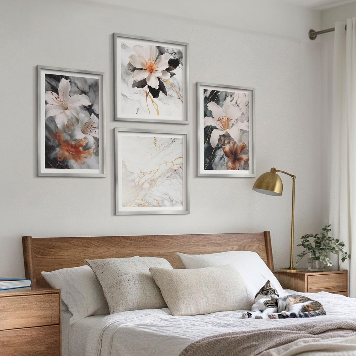 BILDER SET 4er Set - 50x50 cm & 40x60 cm Silberner Rahmen - Blumen Marmor weiß schwarz - Silberfarben, Kunststoff (50/50cm) - TULUP