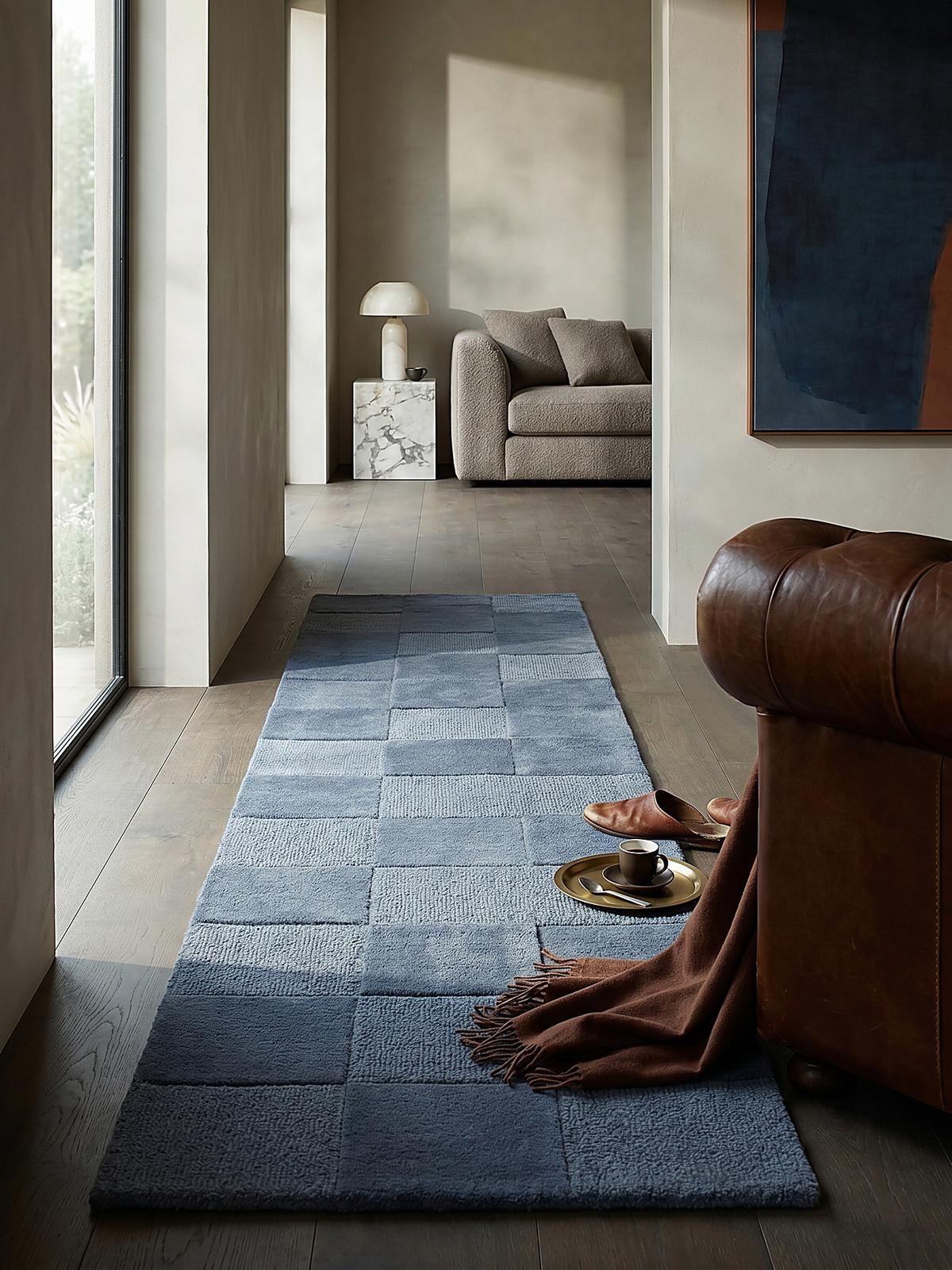 WOLLTEPPICH DEBEN, mit Schachbrettmuster, Blau, 60 x 230 cm - Blau, Textil (60/230cm) - KADIMA DESIGN