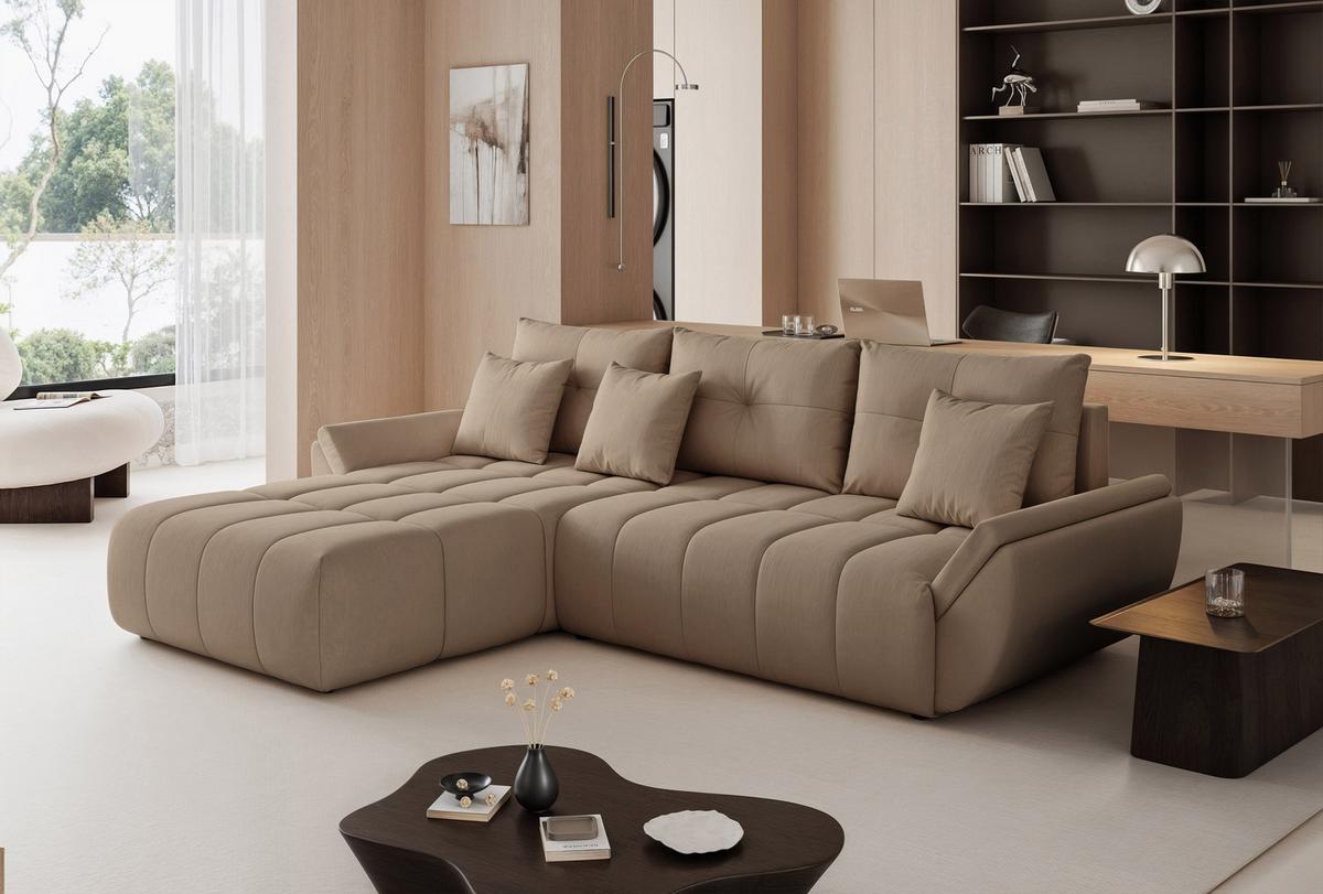 ECKSOFA ARO mit Schlaffunktion und Bettkasten Hellbraun - Hellbraun/Schwarz, Kunststoff/Textil (280/190cm) - Idohome