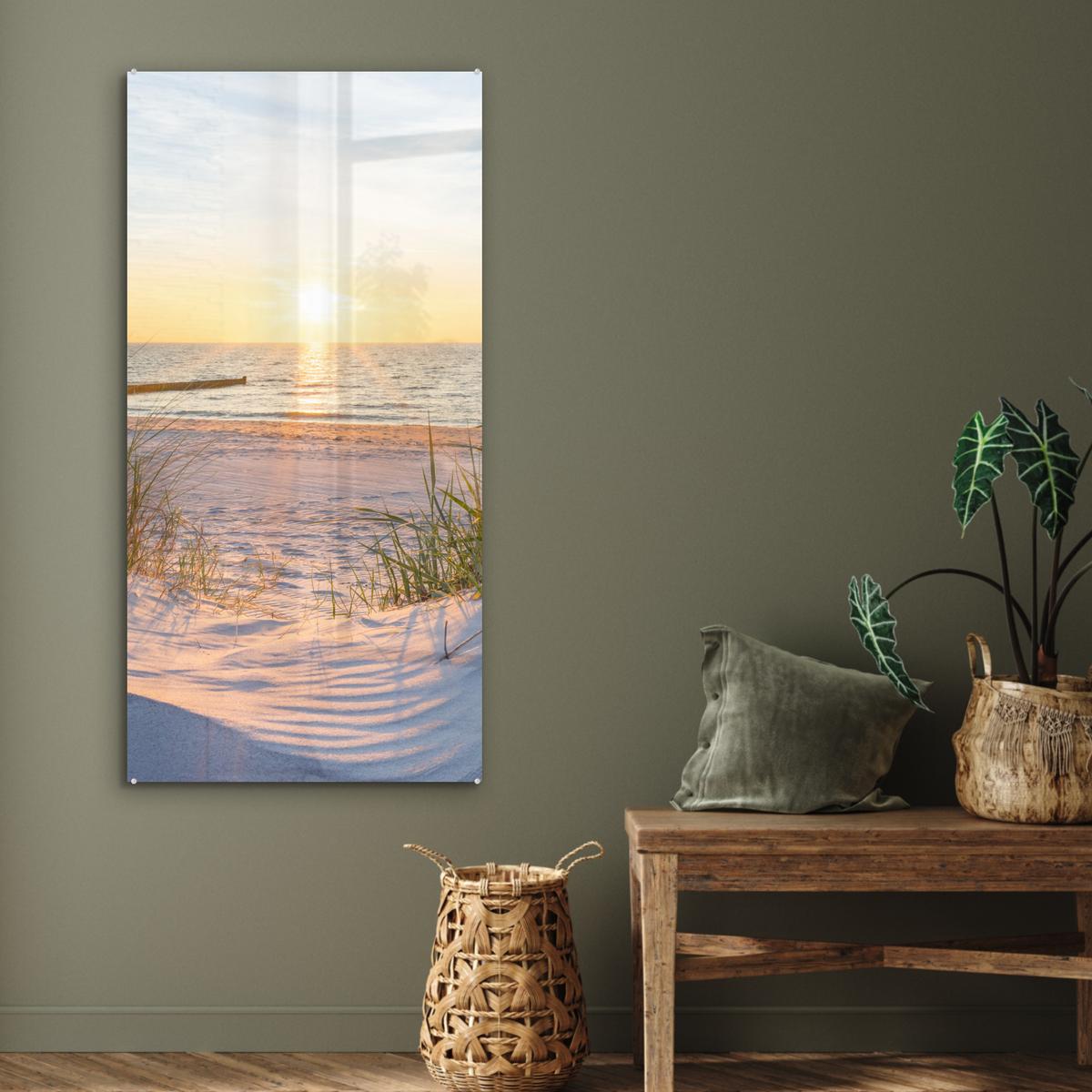 ACRYLGLASBILD Strand - Sonne - Düne - Gras - Sand - Horizont 60x120 cm - Hellblau, Glas (60/120cm) - MuchoWow