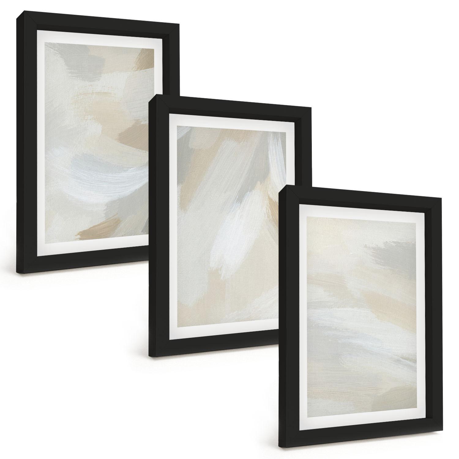 BILDER SET 3er Set - 20x30 cm Schwarzer Rahmen - Abstrakter Pinselhintergrund - Schwarz, Kunststoff (20/30cm) - TULUP