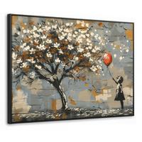 LEINWAND Bilder mit Rahmen - Baum - Graffiti - Banksy-Stil - Ballon-Mädchen - 70x50 - Blaugrau, Textil (70/50cm) - MuchoWow