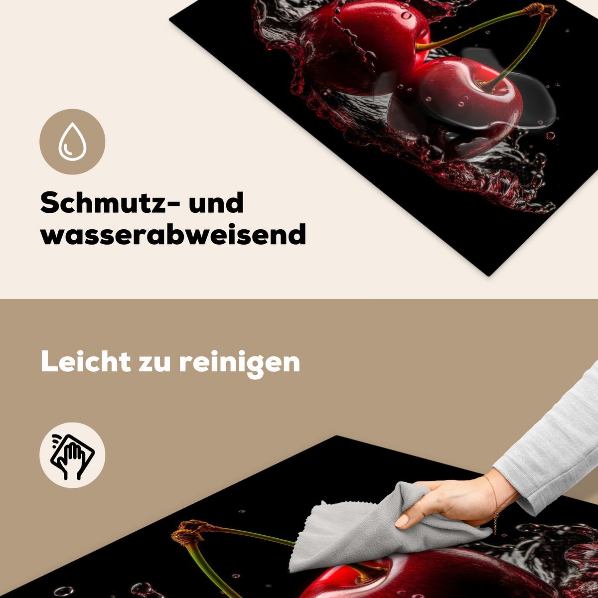 HERDABDECKPLATTE Kirsche - Rot - Frucht - Wasser - Schwarz Ceranfeldabdeckung 80x52 cm - Kirschrot, Kunststoff (80/52/0.2cm) - MuchoWow
