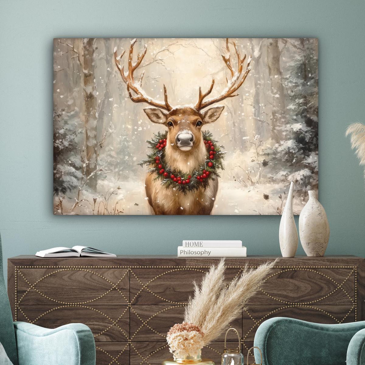 LEINWANDBILD Weihnachten - Rentier - Winter - Kranz Wohnzimmer Groß 120x80 cm - Naturfarben, Textil (120/80cm) - MuchoWow