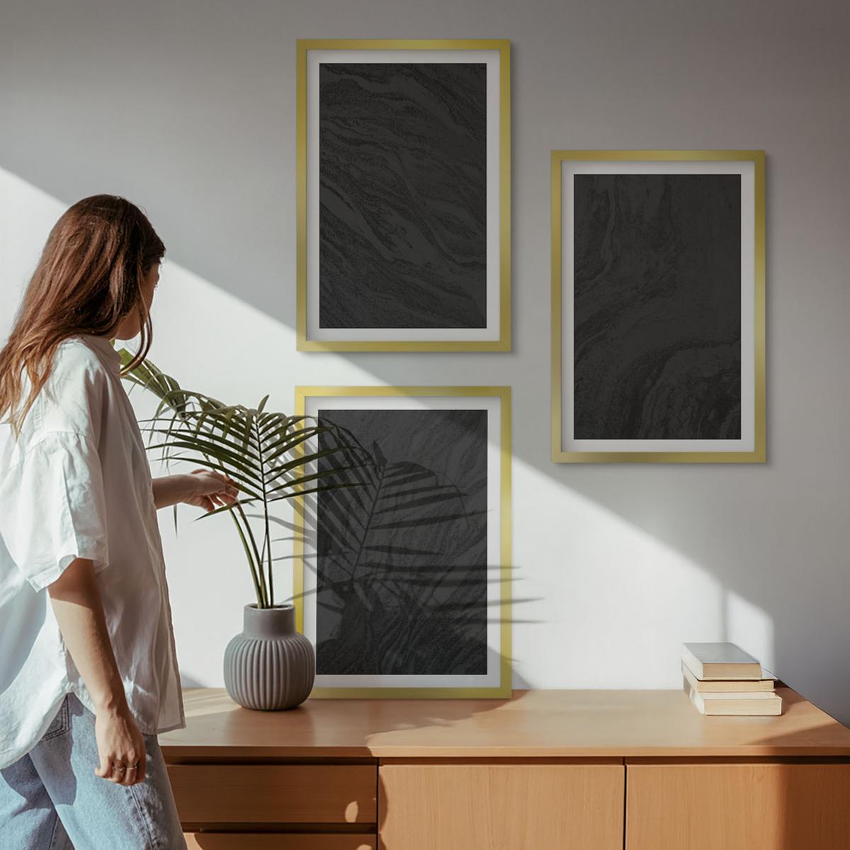 BILDER SET 3er Set - 40x60 cm Goldrahmen - Dunkler Marmor, elegante Texturen - Goldfarben, Kunststoff (40/60cm) - TULUP