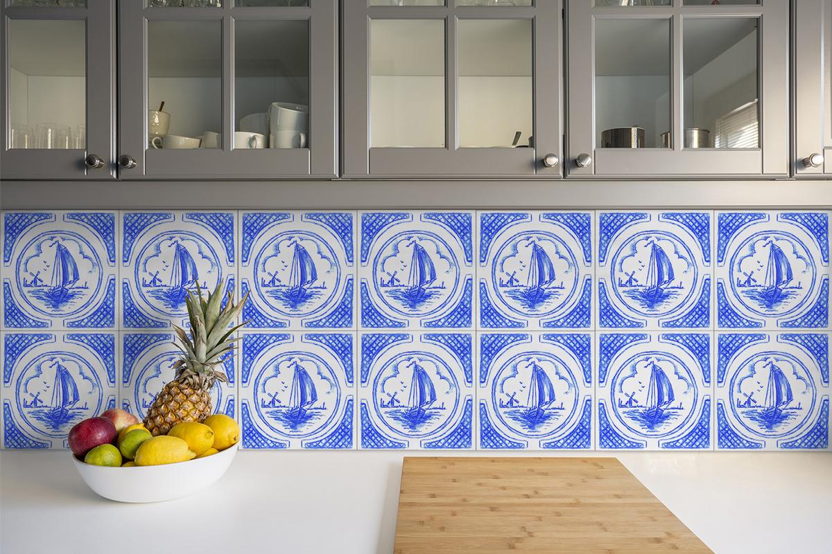 SELBSTKLEBENDE Wandfliesen 9 Stück 30x30 cm - Azulejos Boot - Blau, Textil (30/1.6/30cm) - TULUP