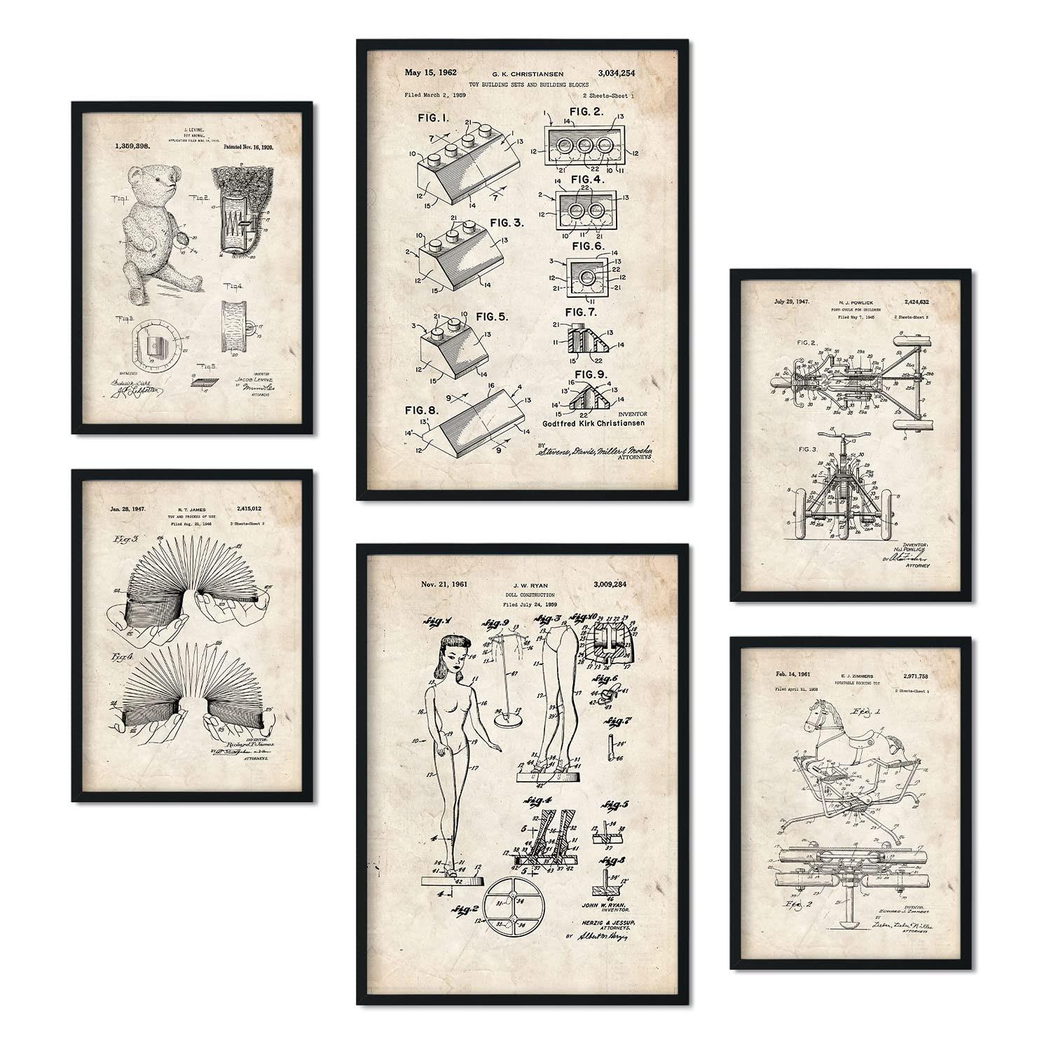 POSTER Set Mit 6 Plakaten Mit Spielzeuge Patenten Im Vintage Stil A3 & A4 Schwarzer Rahmen - Schwarz, Papier (29/3cm) - Nacnic