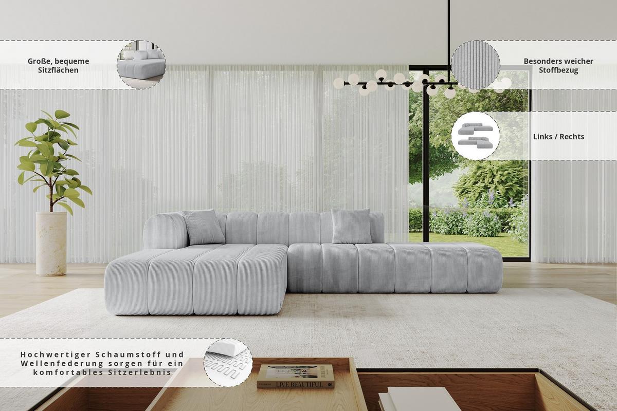 ECKSOFA Ottomane Links BILA-L 289x176x71 Grau Cord - Alufarben/Schwarz, Holzwerkstoff/Kunststoff (176/289cm) - ALTDECOR