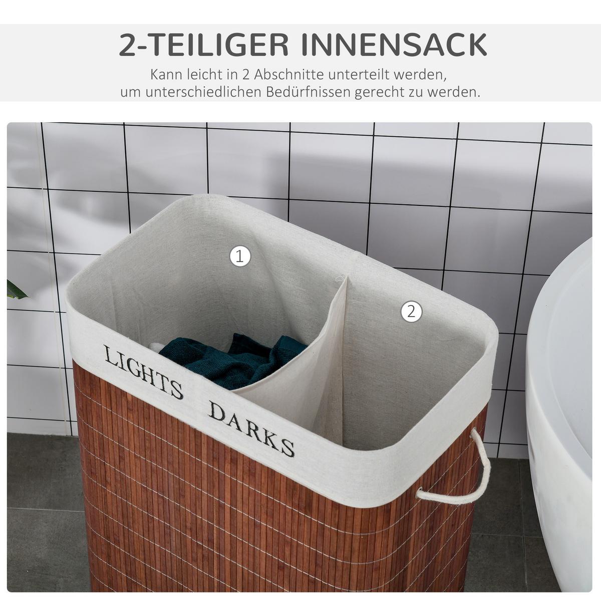 WÄSCHEKORB, Bambus, Polyester Braun+Weiß - Braun, Naturmaterialien (32/63/52cm) - HOMCOM