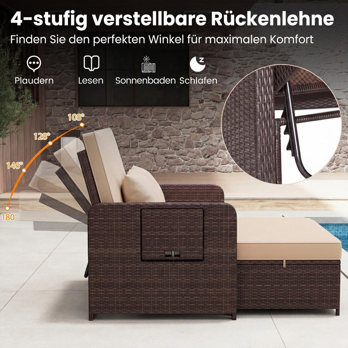 SONNENLIEGE mit Hocker und Stauraum braun - Braun, Metall (166/55/111cm) - COSTWAY