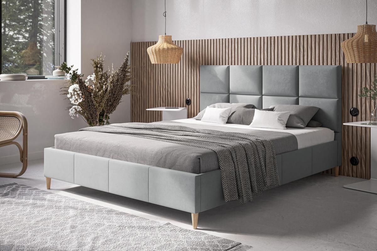 POLSTERBETT LUX Roma mit Kopfteil, 140 x 200 cm, Doppelbett mit Lattenrost aus Holz, Velourstoff Hellgrau, Füße in Farbe: Braun - Hellgrau, Holz/Textil (140/200cm) - Alpi-Möbel