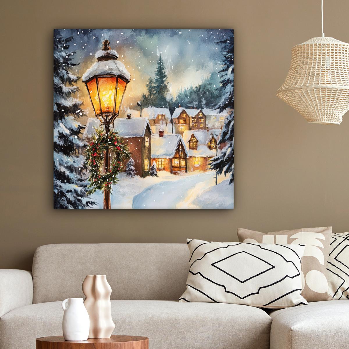 LEINWANDBILD Weihnachtsdorf - Häuser - Schnee - Weihnachten Deko Groß 90x90 cm - Sandfarben, Textil (90/90cm) - MuchoWow