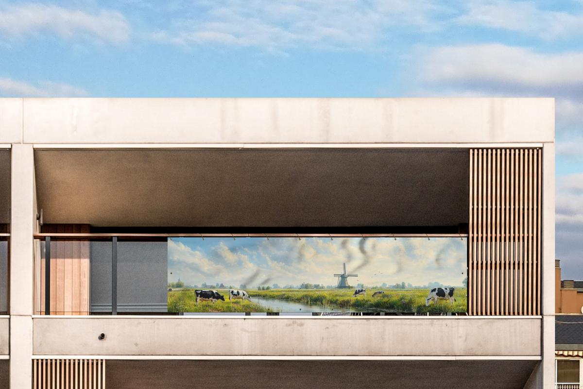BALKON-SICHTSCHUTZ Kühe - Windmühle - Wiese - Blau Witterungsbeständig 300x80 cm - Grün, Kunststoff (300/80cm) - MuchoWow
