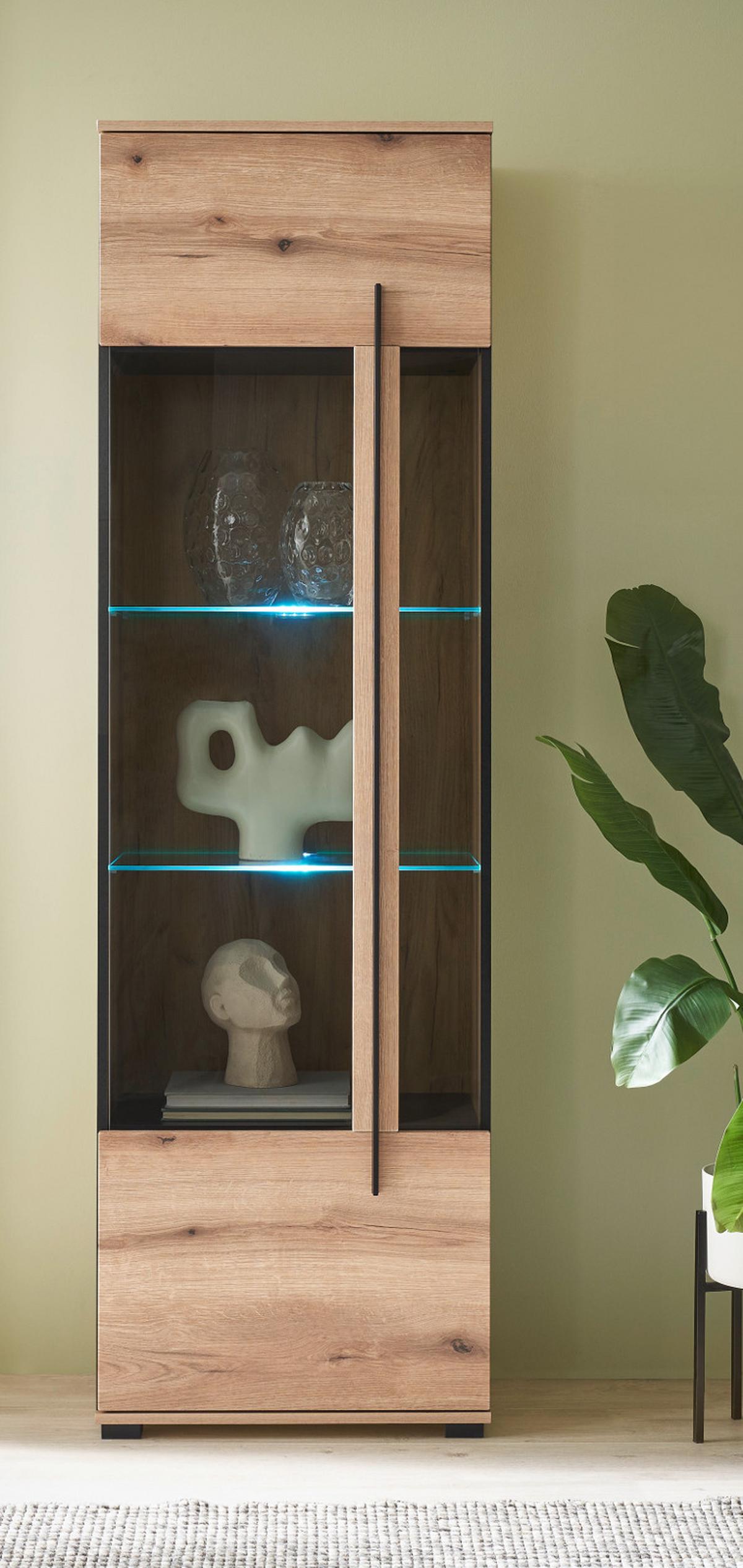 VITRINE Eiche Evoke, Vitrinenschrank 60 x 200 cm, Glas grau - Eichefarben/Schwarz, Glas/Holzwerkstoff (60/200/37cm) - Furn.Design