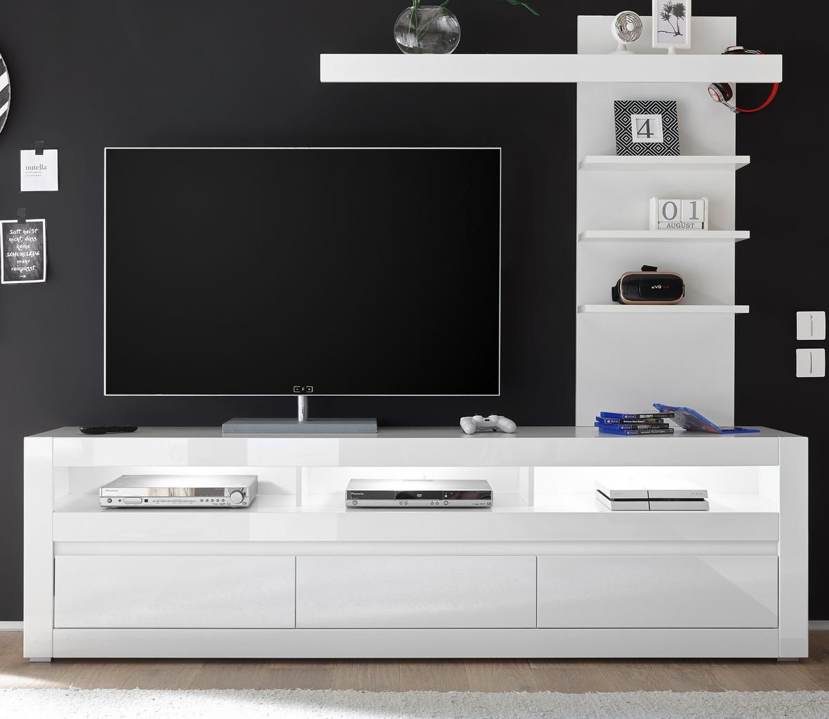 WOHNWAND Hochglanz weiß, Set 2-tlg. inklusive Paneel, TV Unterschrank Soft-Close - Weiß Hochglanz/Weiß, Holzwerkstoff/Kunststoff (217/163/42cm) - Furn.Design