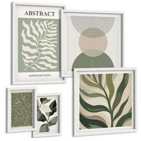 BILDER SET 5er Set - 50x50 cm & 20x30 cm & 40x60 cm Weißer Rahmen - Blätter geometrische Formen abstrakt - Weiß, Kunststoff (40/60cm) - TULUP