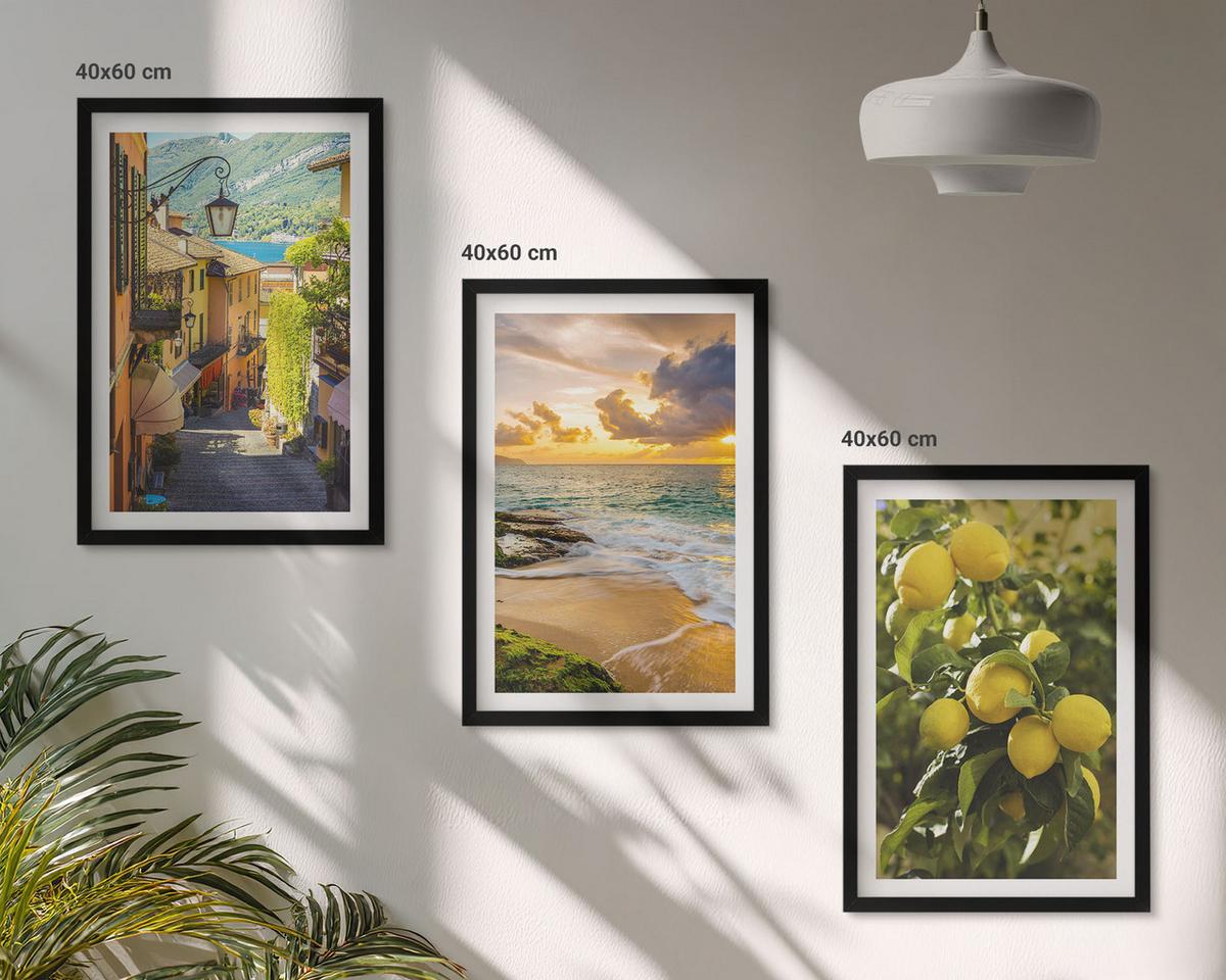 BILDER SET 3er Set - 40x60 cm Schwarzer Rahmen - Straßen, Meer, Strand, Zitrusbäume - Schwarz, Kunststoff (40/60cm) - TULUP