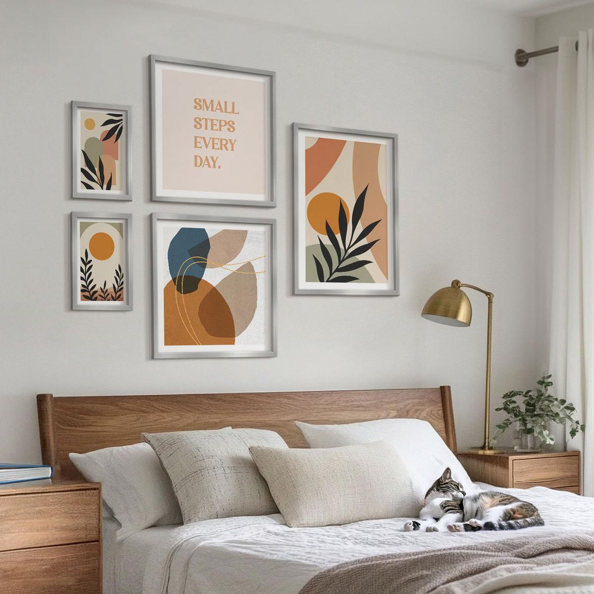 BILDER SET 5er Set - 50x50 cm & 20x30 cm & 40x60 cm Silberner Rahmen - Moderne Pflanzenmotive - Silberfarben, Kunststoff (40/60cm) - TULUP