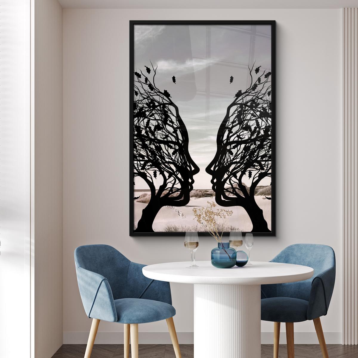POSTER MIT RAHMEN Strand - Meer - Menschen - Baum - Moderne Kunst Bilderleiste 80x120 cm - Hellgrau, Papier (80/120cm) - MuchoWow