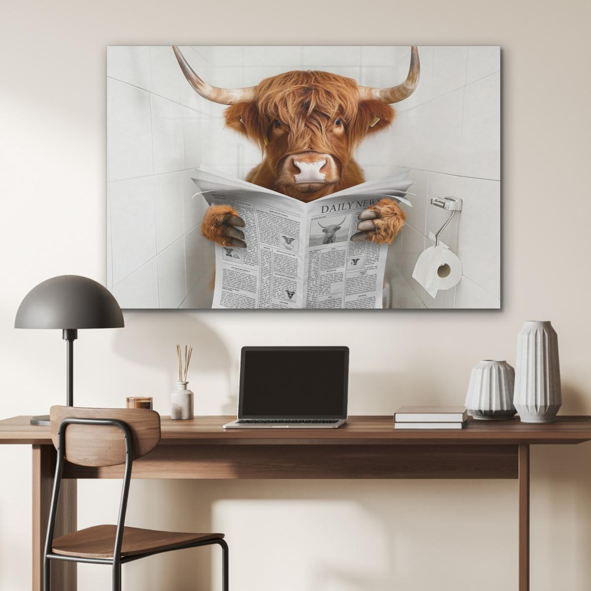 AKUSTIKBILD Schottischer Highlander - Tier - Zeitung - Toilette Wandbild Wohnzimmer 100x70 cm - Kastanienfarben, Kunststoff (100/70/0.9cm) - MuchoWow
