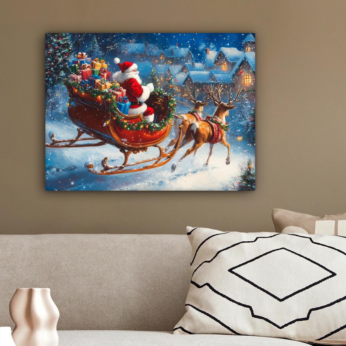 LEINWANDBILD Weihnachtsmann - Rentier - Weihnachten - Schnee Wandbild 40x30 cm - Cognac, Textil (40/30cm) - MuchoWow