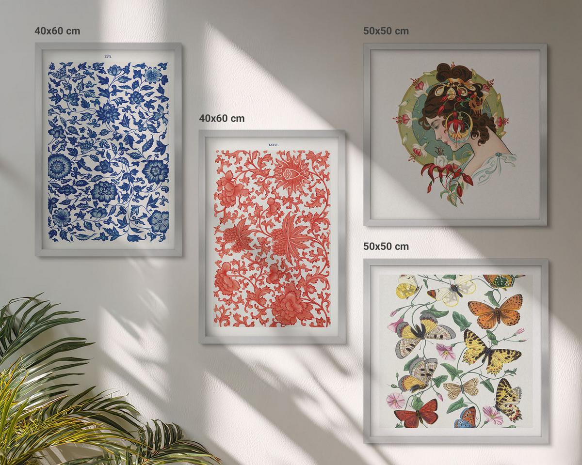 BILDER SET 4er Set - 50x50 cm & 40x60 cm Silberner Rahmen - Vintage-Blumen-Schmetterlings-Ornamente - Silberfarben, Kunststoff (50/50cm) - TULUP