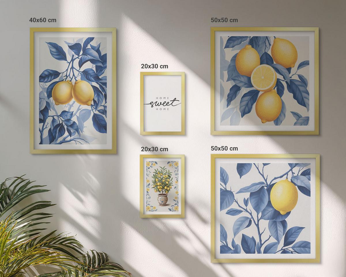 BILDER SET 5er Set - 50x50 cm & 20x30 cm & 40x60 cm Goldrahmen - Zitronenzweige mit blauen Blättern - Goldfarben, Kunststoff (40/60cm) - TULUP