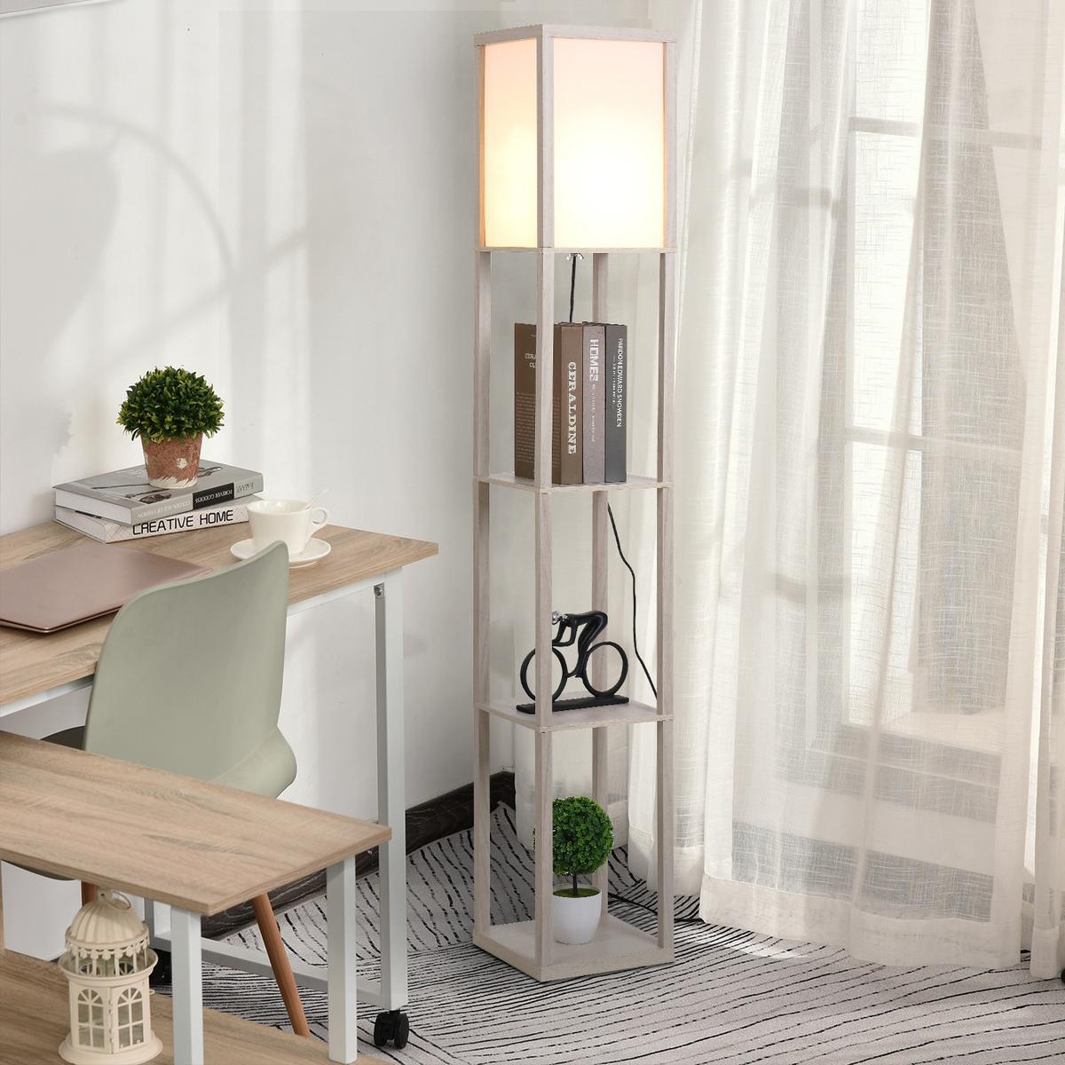 STEHLEUCHTE Beleuchtung mit 3 Regalen E27 bis 40W E1-MDF Eiche+Weiß - Eichefarben, Textil (26/26/160cm) - HOMCOM