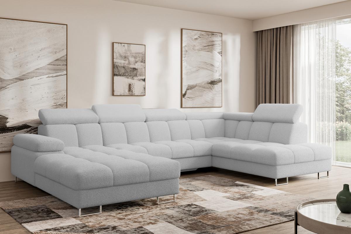 WOHNLANDSCHAFT mit Schlaffunktion und Bettkasten Ottomane RECHTS COMA U 345x203x79 Hellgrau Bouclé - Edelstahlfarben, Holzwerkstoff/Textil (203/79/345cm) - ALTDECOR