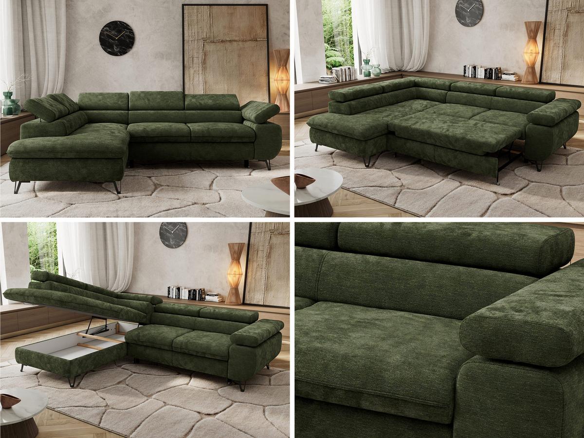 ECKSOFA PABLO L Dunkelgrün Schenille glatt - Links Seite mit Visco Topper - Dunkelgrün/Schwarz, Textil/Metall (208/273cm) - MKS