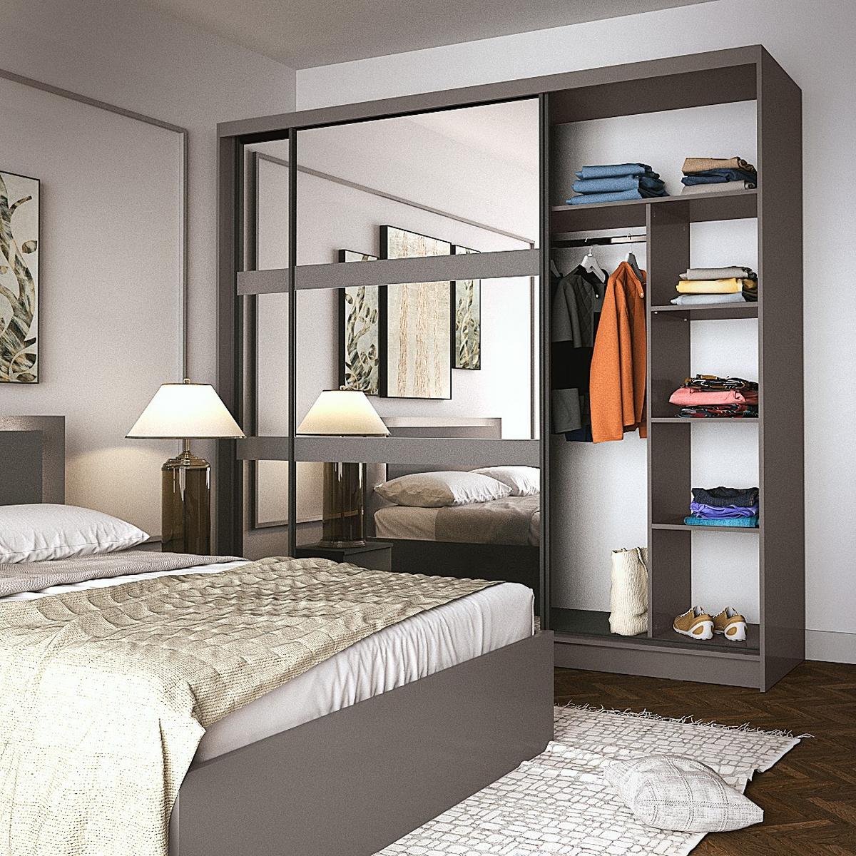SCHWEBETÜRENSCHRANK SILVA 230/215/62cm 2-türig mit Spiegel Grau - Grau, Holzwerkstoff (230/215/62cm) - MASSENO