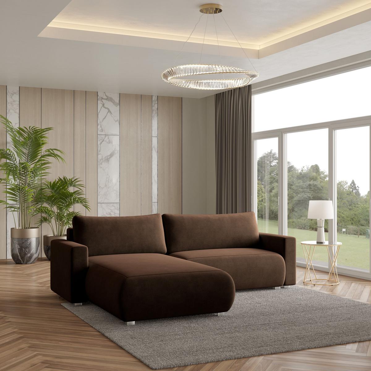 ECKSOFA TURIN M Braun Velours-Stoff mit Schlaffunktion - Braun/Grau, Holz/Kunststoff (265/183cm) - MASSENO