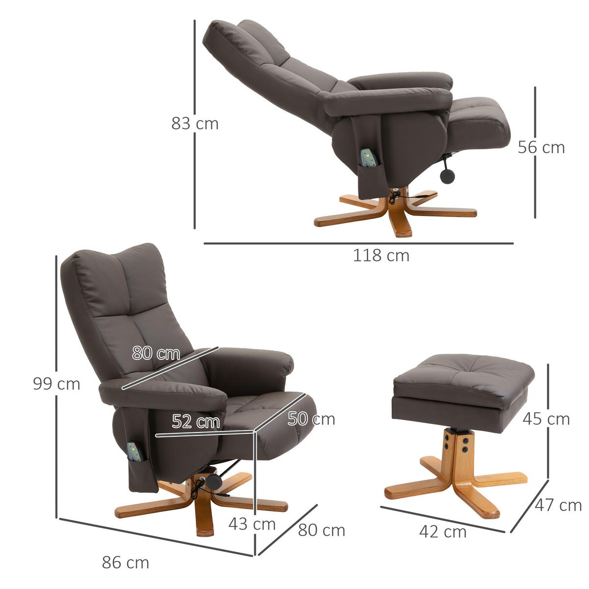 RELAXSESSEL mit Liegefunktion Massagesessel mit Fußhocker Polyester Braun - Braun/Mokka, Leder/Holz (86/99/80cm) - HOMCOM