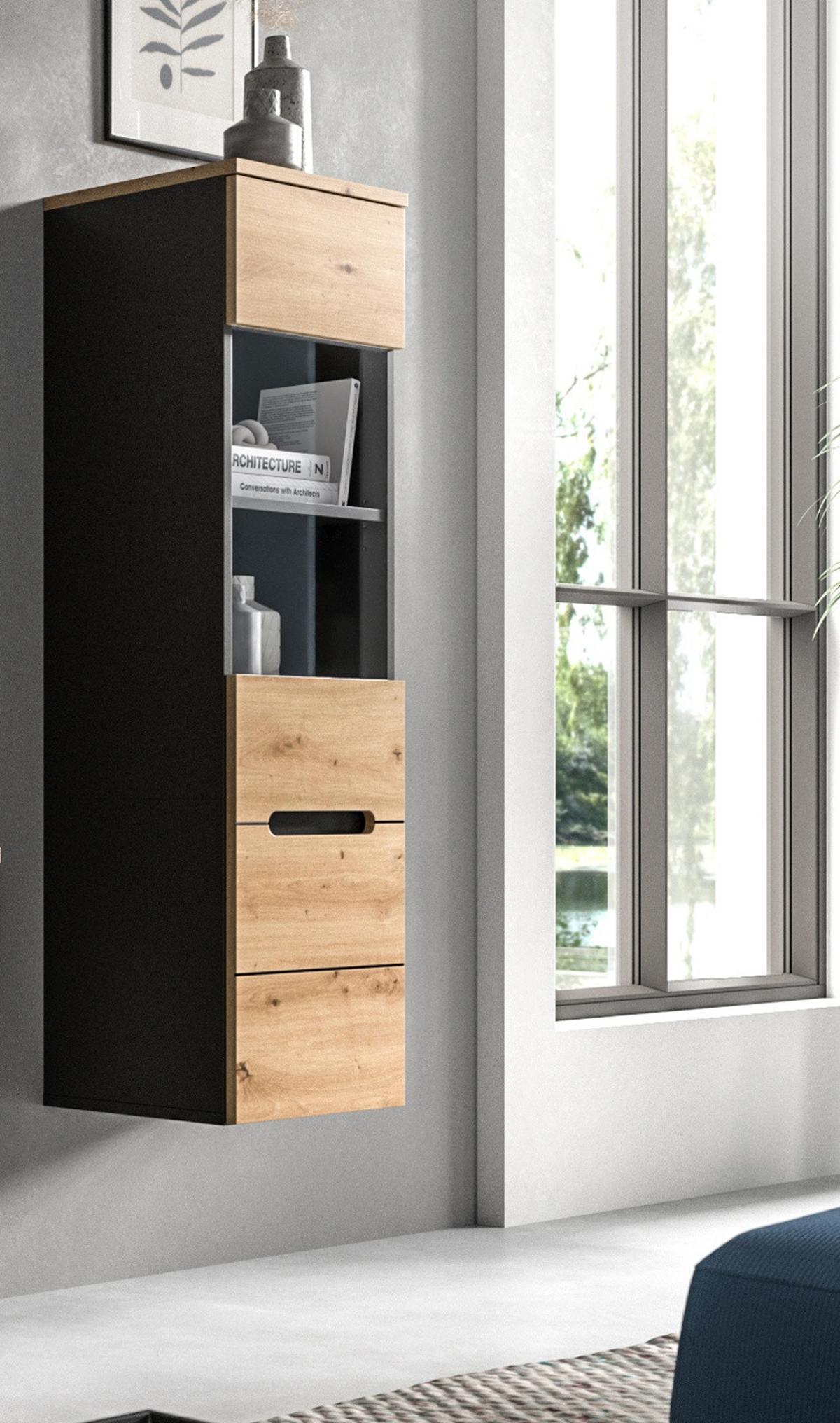 VITRINE Eiche Artisan, grau, Vitrinenschrank hängend / stehend 36 x 125 cm, Soft-Close - Schwarz/Eiche Artisan, Glas/Holzwerkstoff (36/125/33cm) - Inn.Furn