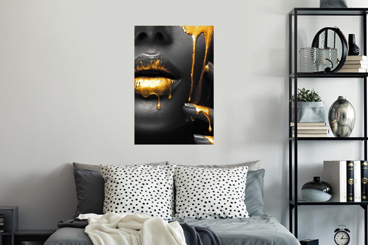 WANDTATTOO Frau - Schwarz - Gold - Gesicht - Lippen Wandbild 40x60 cm - Goldfarben, Kunststoff (40/60/0.1cm) - MuchoWow