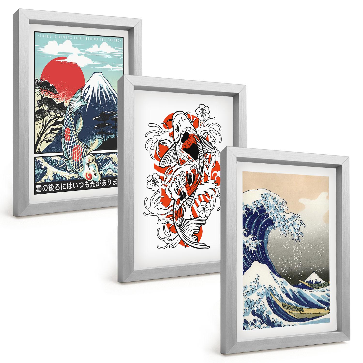 BILDER SET 3er Set - 20x30 cm Silberner Rahmen - Berge von Fischen Große Welle Japan - Silberfarben, Kunststoff (20/30cm) - TULUP