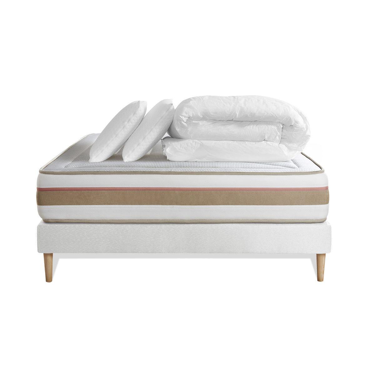 BETT Le Tendre Taschenfederkern und Memory-Schaum 160 x 200 cm h1 - Kit Bettgestell Weiß - Mit Kissen und Bettdecke - Beige/Weiß, Karton/Holz (160/200cm) - Marmottes & Co