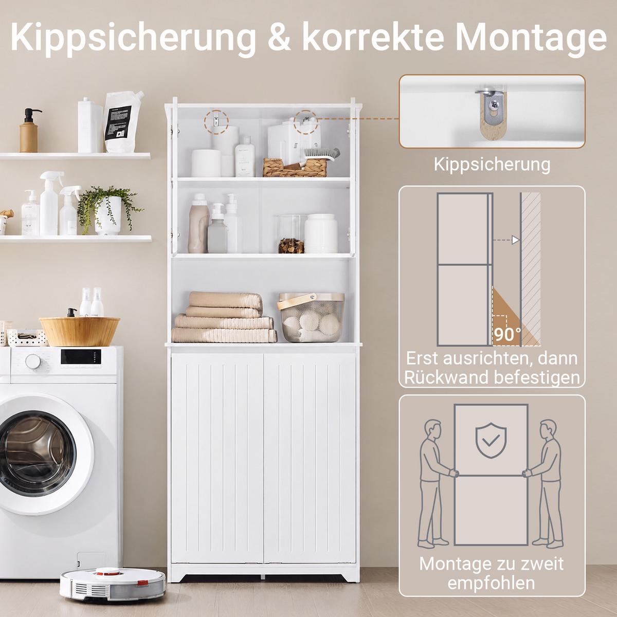 BADEZIMMERSCHRANK weiß mit Wäschekorb, 70 x 170 x 37 cm, 2 Türen, Regal, schmaler Wäscheschrank - Weiß, Holzwerkstoff (70/170/37cm) - SoBuy