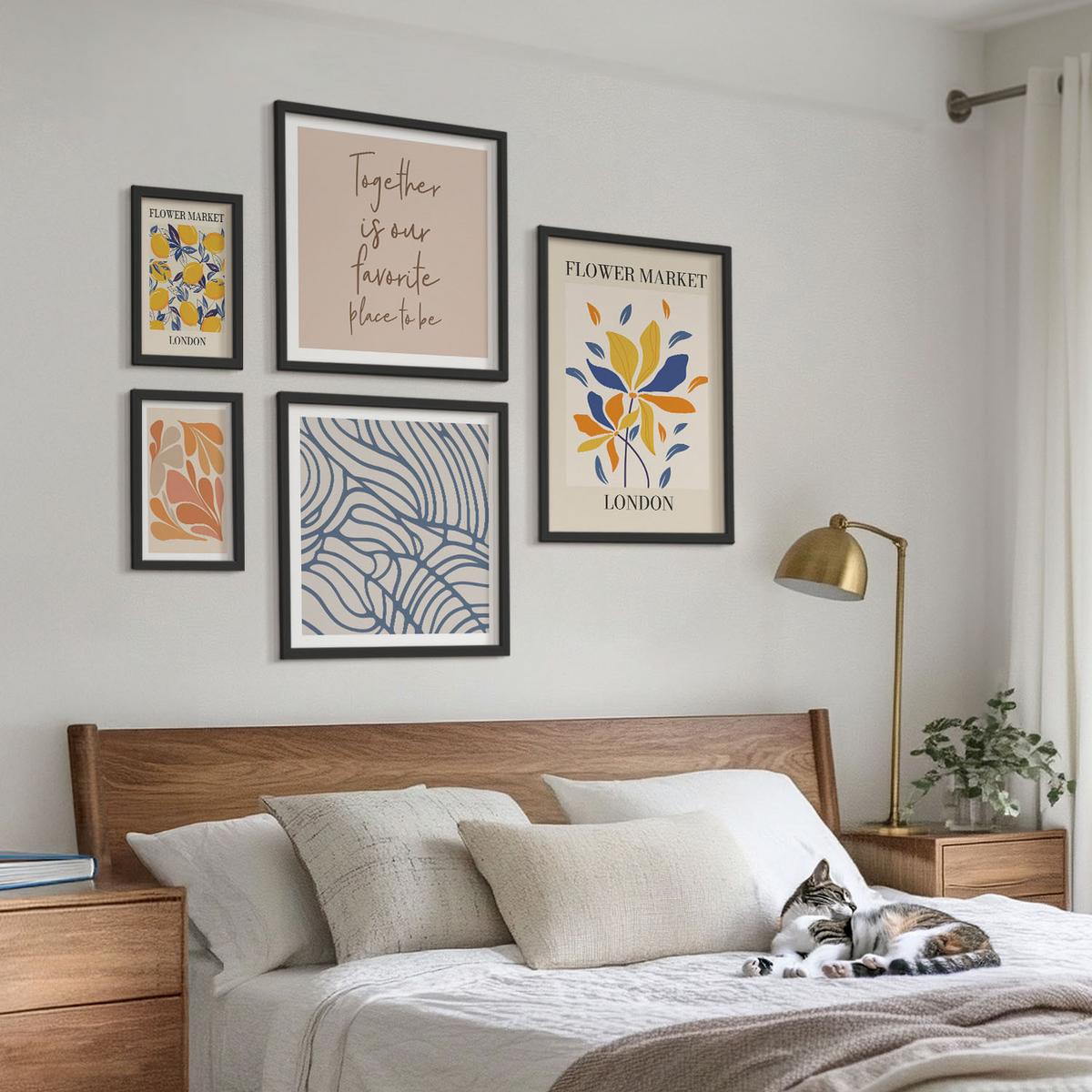 BILDER SET 5er Set - 50x50 cm & 20x30 cm & 40x60 cm Schwarzer Rahmen - Moderne abstrakte Blumen - Schwarz, Kunststoff (40/60cm) - TULUP