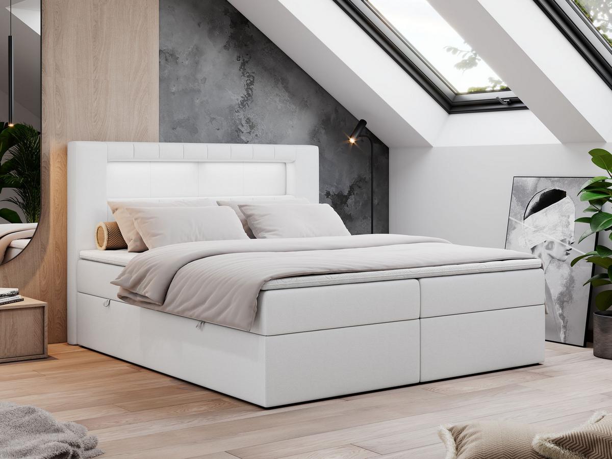 BOXBETT GOLD-5 LED 160/200 Weiß Kunstleder - H3 - Weiß, Holz/Textil (160/200cm) - MKS
