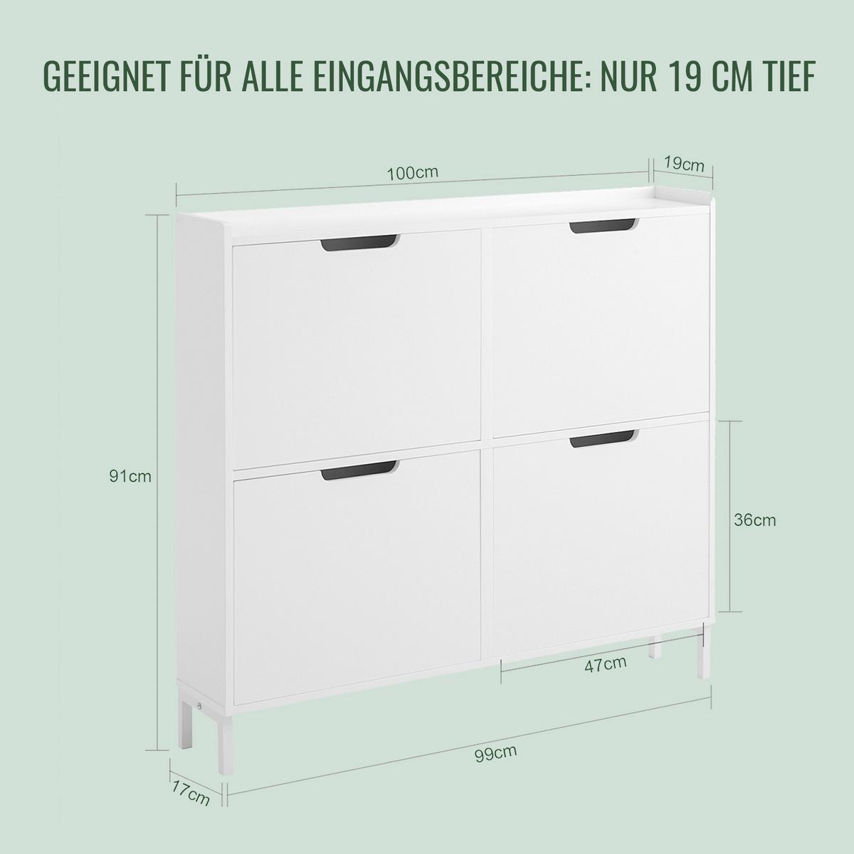 SCHUHKIPPER mit 4 Klappen, Schuhschrank schmal, 100x91x19cm Weiß - Weiß, Holzwerkstoff/Metall (100/91/19cm) - SoBuy