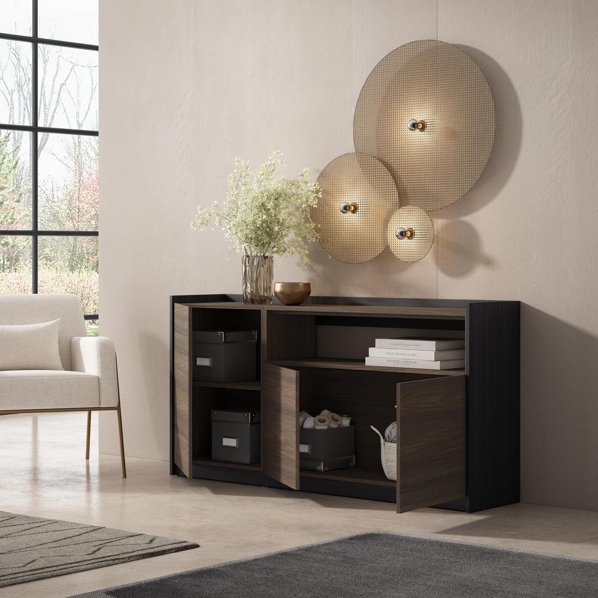 SIDEBOARD, Highboard, Dunkler Eiche und Schwarz, 156/37/80cm - Hellbraun, Holzwerkstoff (156/80/37cm) - Skraut Home