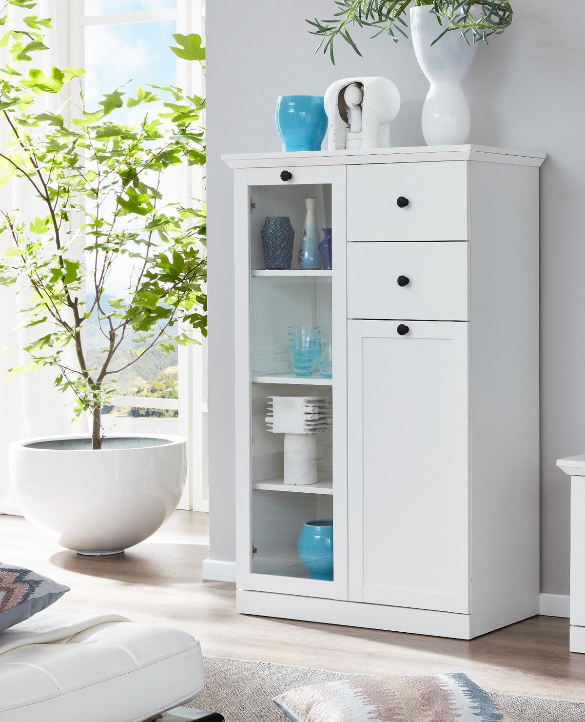 HIGHBOARD weiß matt 81 x 129 cm, Kommode im Landhaus-Stil - Silberfarben/Weiß, Glas/Holzwerkstoff (81/129/41cm) - Top.Furn