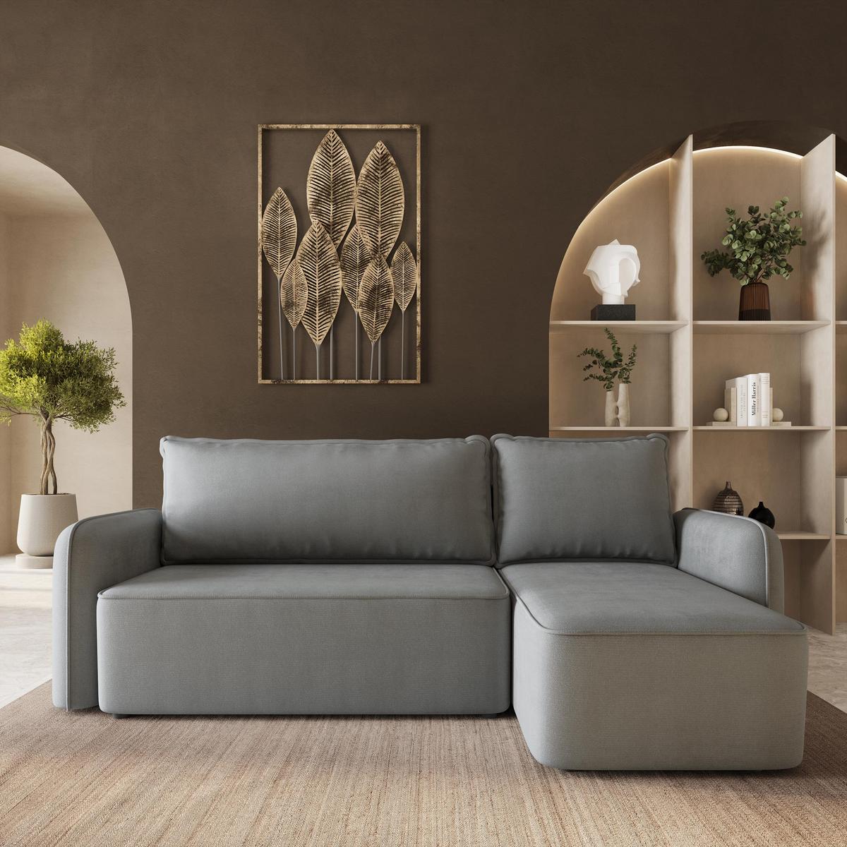 ECKSOFA DOLVER Grau Plüsch-Stoff mit Schlaffunktion - Grau, Holz (238/156cm) - MASSENO