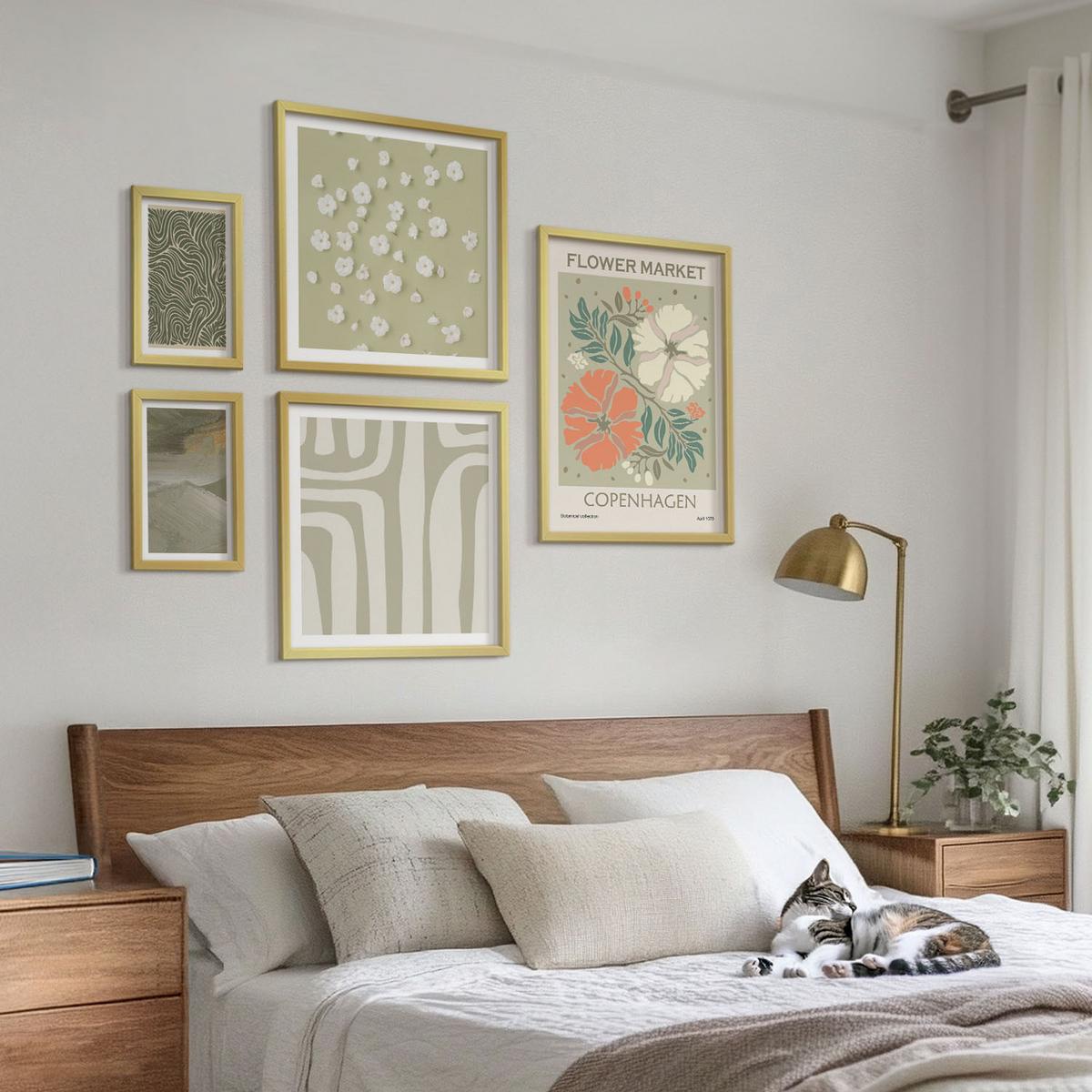 BILDER SET 5er Set - 50x50 cm & 20x30 cm & 40x60 cm Goldrahmen - Abstrakte Boho-Muster - Goldfarben, Kunststoff (40/60cm) - TULUP