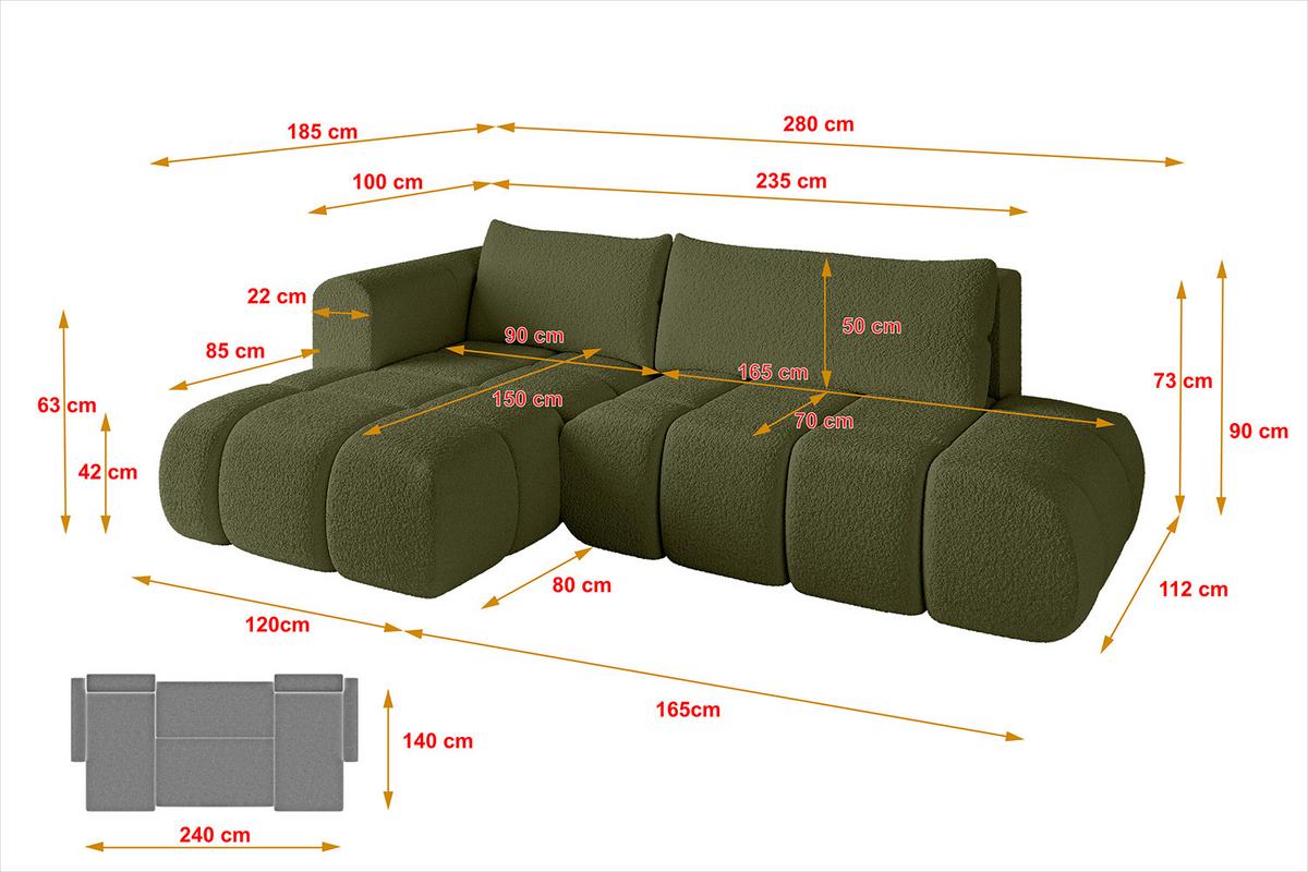 ECKSOFA Ottomane Links CLOUD-L 280x185x90 Grün Bouclé - Grün, Holzwerkstoff/Kunststoff (280/185cm) - ALTDECOR