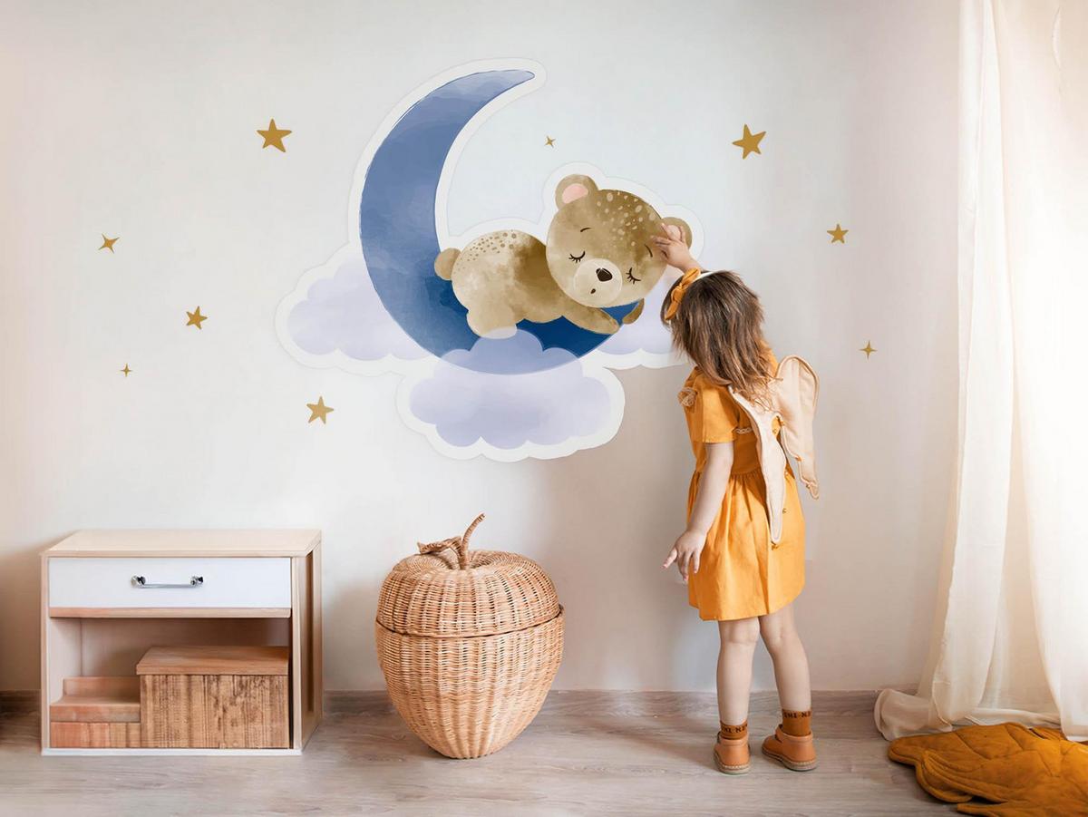 WANDAUFKLEBER 100x95cm - Teddybär auf dem Mond - Multicolor, Kunststoff (100/95/0.1cm) - Wallfluent