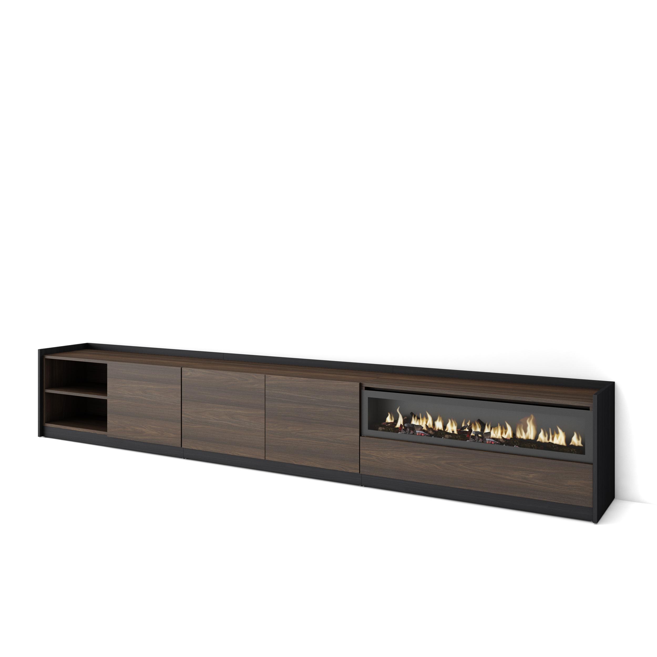 LOWBOARD, Dunkler Eiche und Schwarz, Elektrokamin, 310/37/50cm - Hellbraun, Holzwerkstoff (310/50/37cm) - Skraut Home