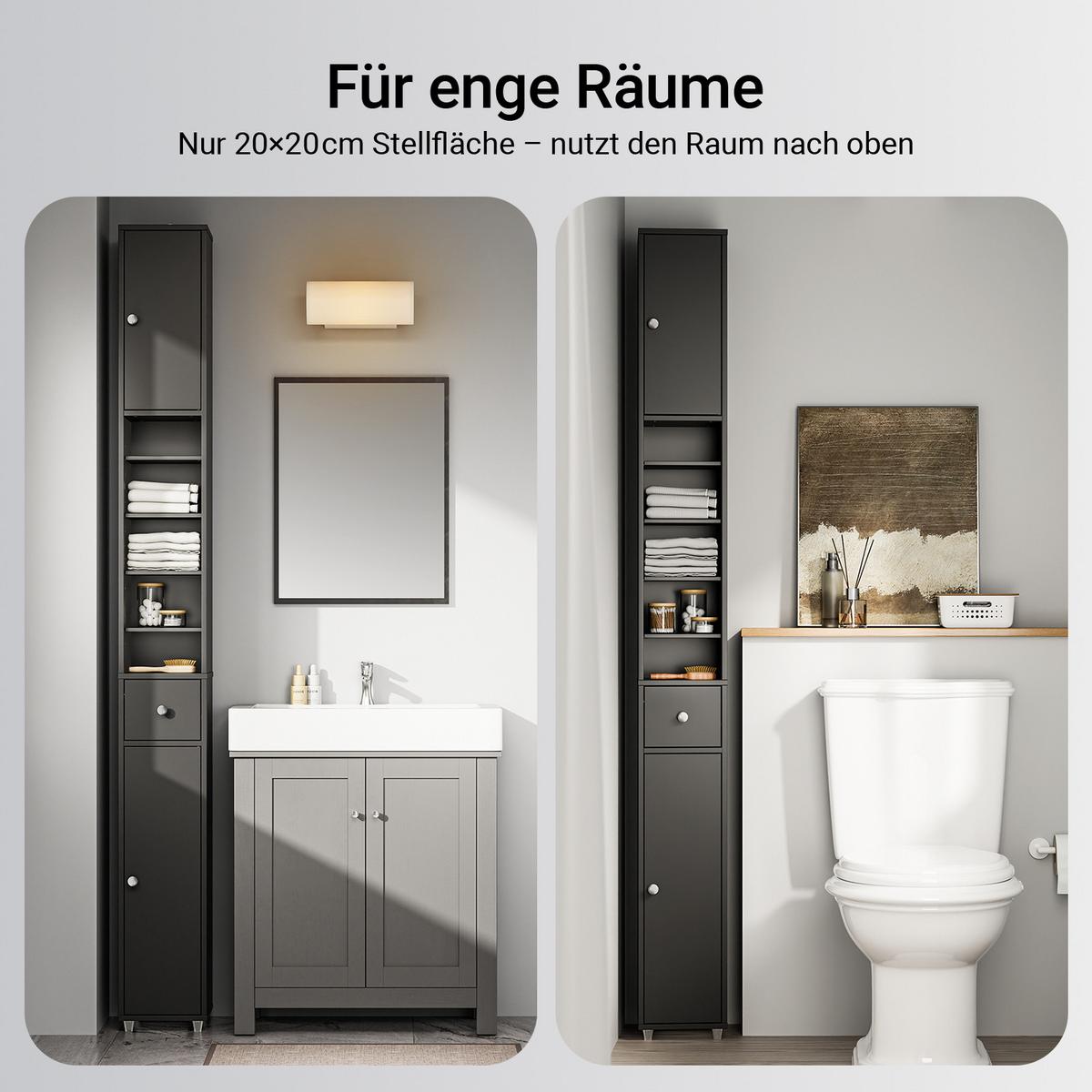 HOCHSCHRANK schmal, MDF (E1), 20x180x20cm, Schwarz - Silberfarben/Schwarz, Holzwerkstoff/Metall (20/180/20cm) - SoBuy