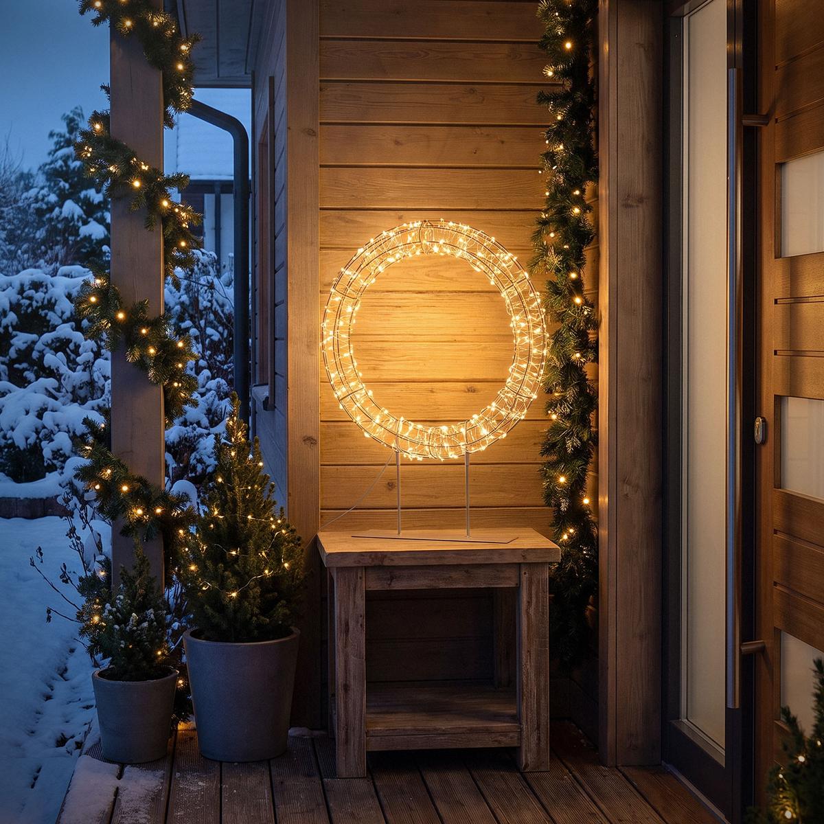 LED WEIHNACHTSKRANZ 53 cm mit Sockel Weihnachtsdeko mit Lichterkette 300 LED Warmweiß - Beige, Metall (38/53/8cm) - ECD-Germany
